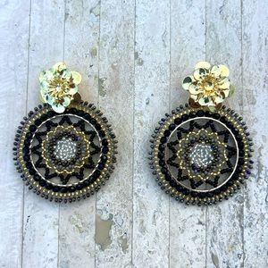 Handmade Colombian black flower beaded Statement Earrings - Light Weight!